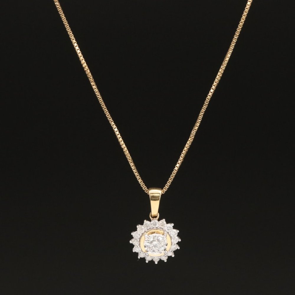 Gold Box Chain Necklace with 0.51 CTW Halo Flower Diamond Pendant